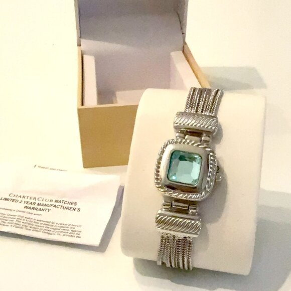 New Women's Aqua Stone Flip Cover Silver-Tone Bracelet Watch 25mm - Never Worn - Picture 1 of 10